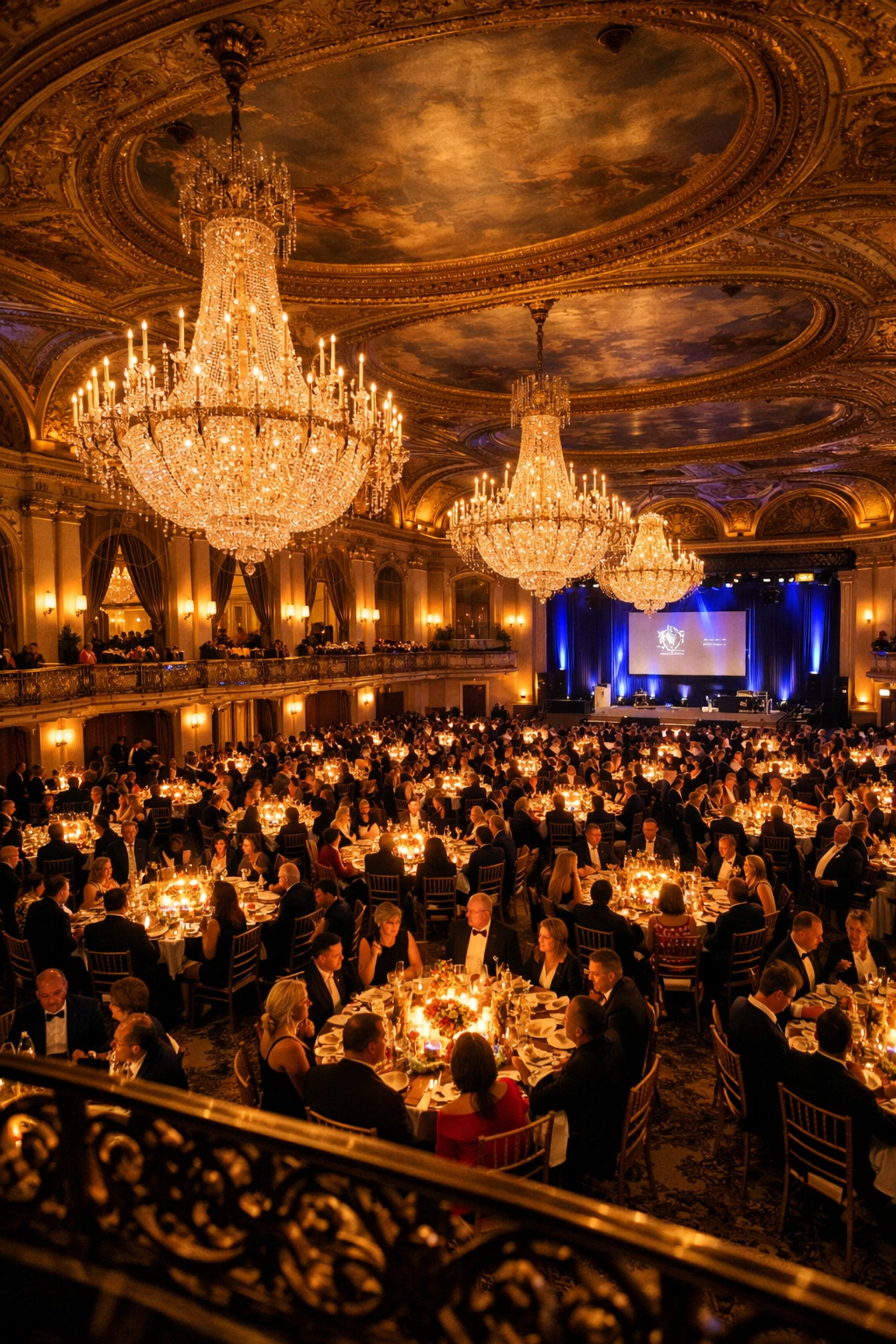 Wide-angle corporate event photography of a prestigious gala dinner in a luxury New York City ballroom.