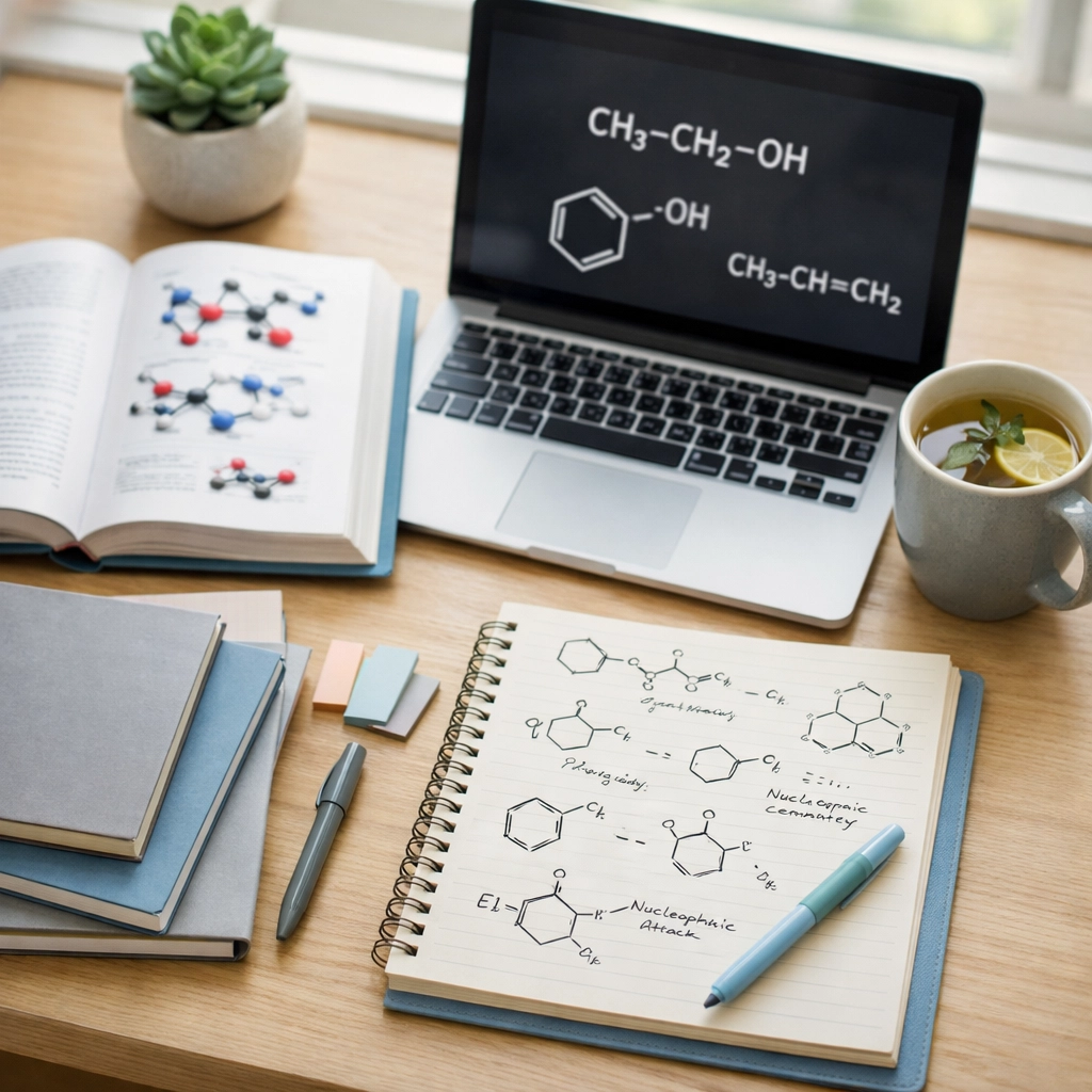 A-Level Chemistry study desk with textbooks, laptop, and organized notes for exam preparation
