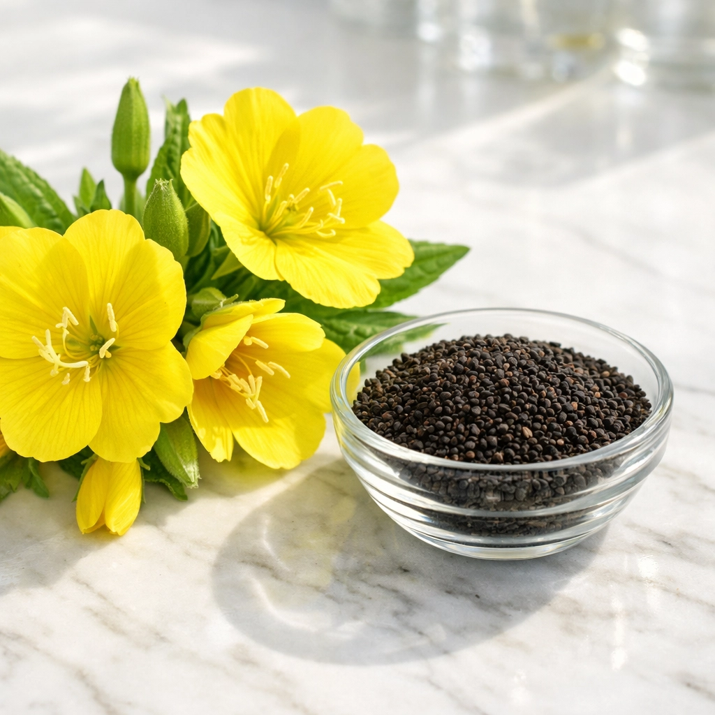 Vibrant yellow evening primrose flowers and raw seeds, the botanical source of evening primrose oil for women.