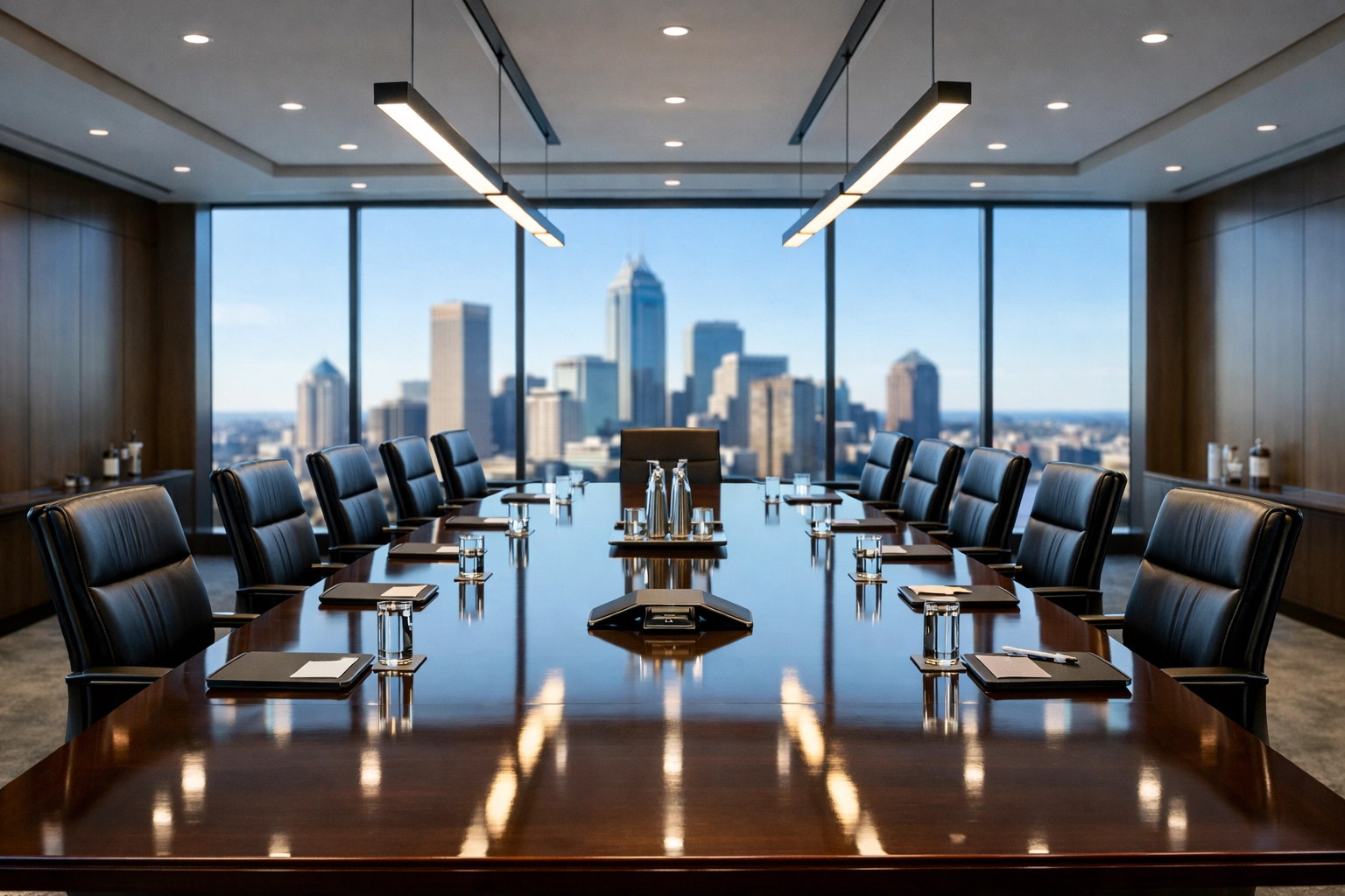 A perfectly clean corporate boardroom with a polished wood table and views of a Midwest city skyline.