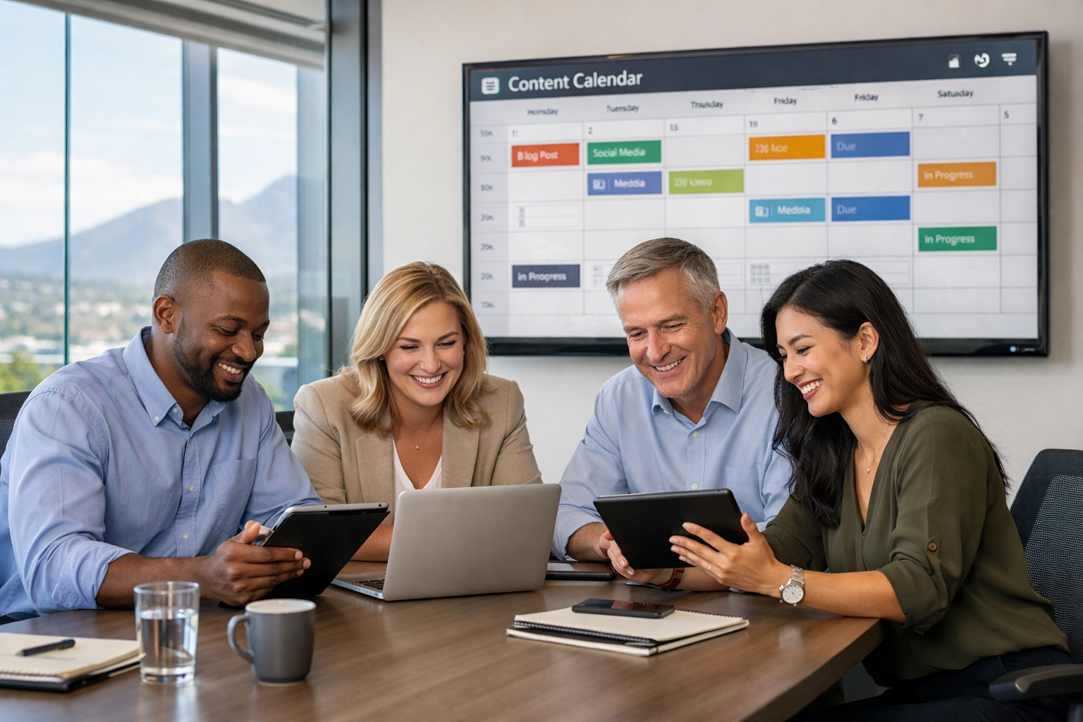 Professional marketing team collaborating on content strategy in modern media consulting workspace