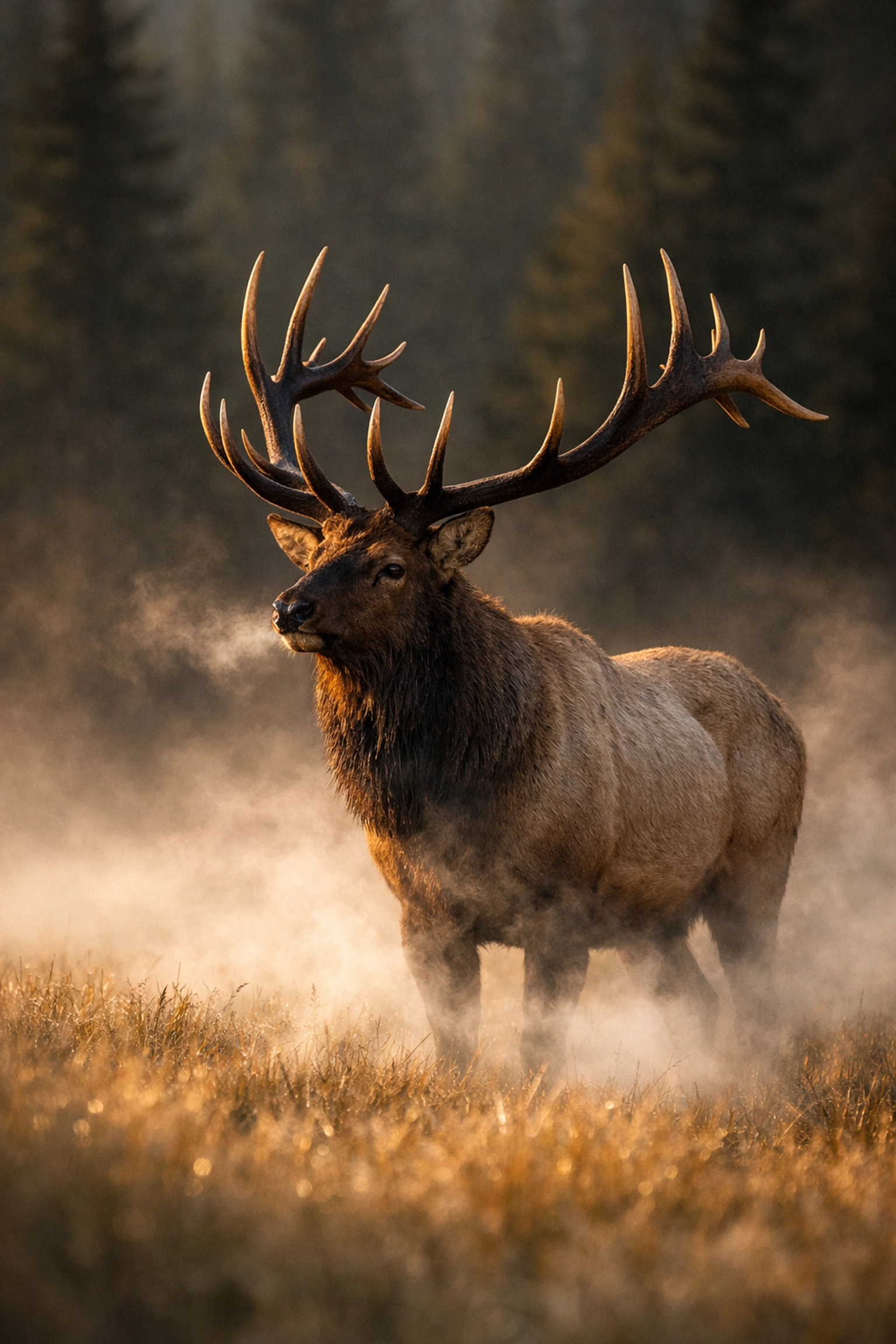A bull elk in a misty meadow at dawn, capturing iconic wildlife photo spots in the wilderness.