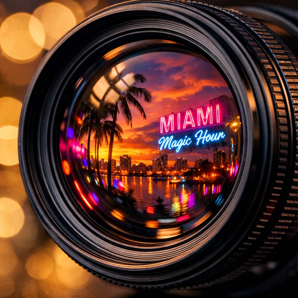 Commercial photographer miami camera lens reflecting the city skyline at magic hour.