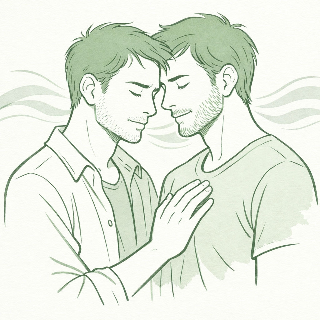 Two men in intimate first-time moment breathing deeply together - MM romance illustration