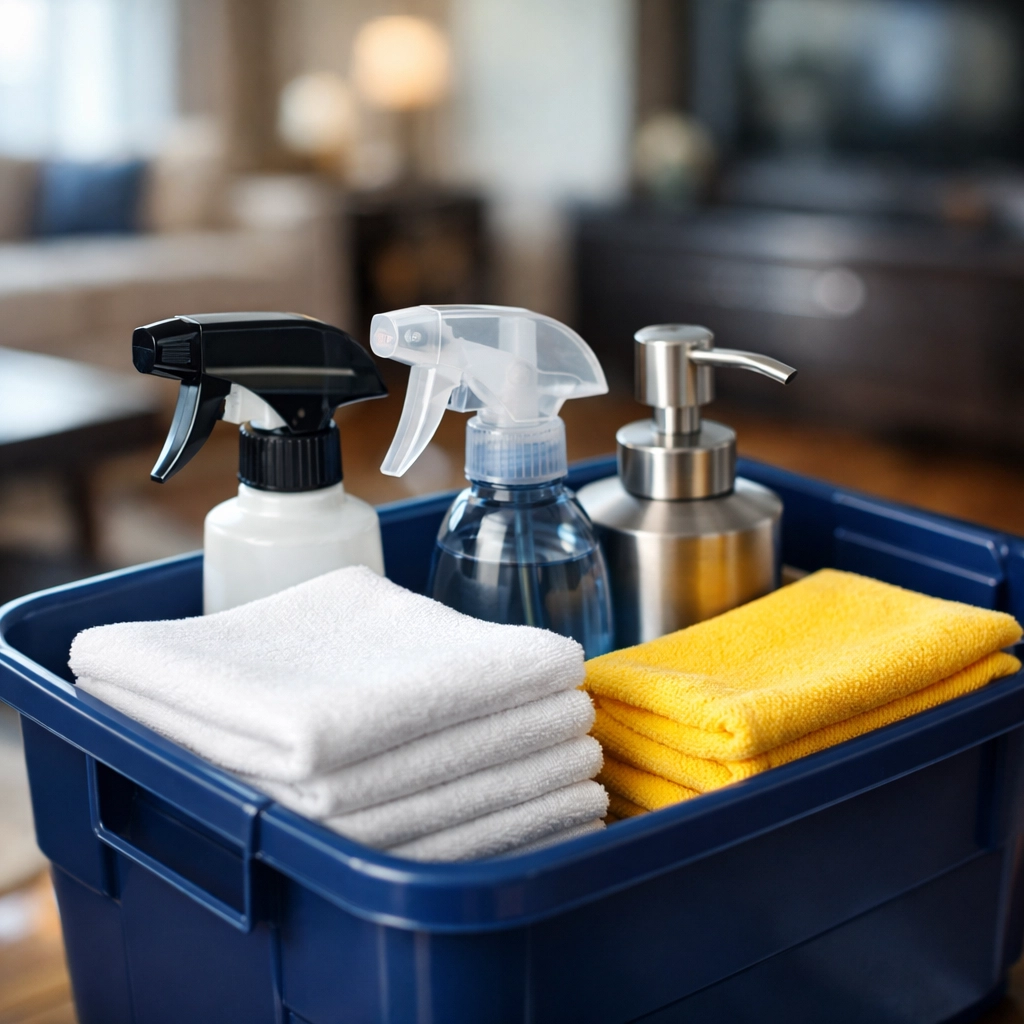 Organized cleaning supplies for professional maid services Lowell in a tidy, upscale home.