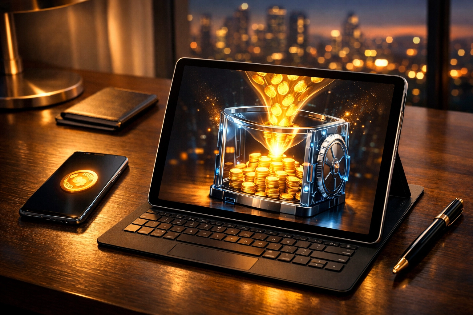 Modern desk with tablet showing digital currency entering a vault for retirement planning 2026.