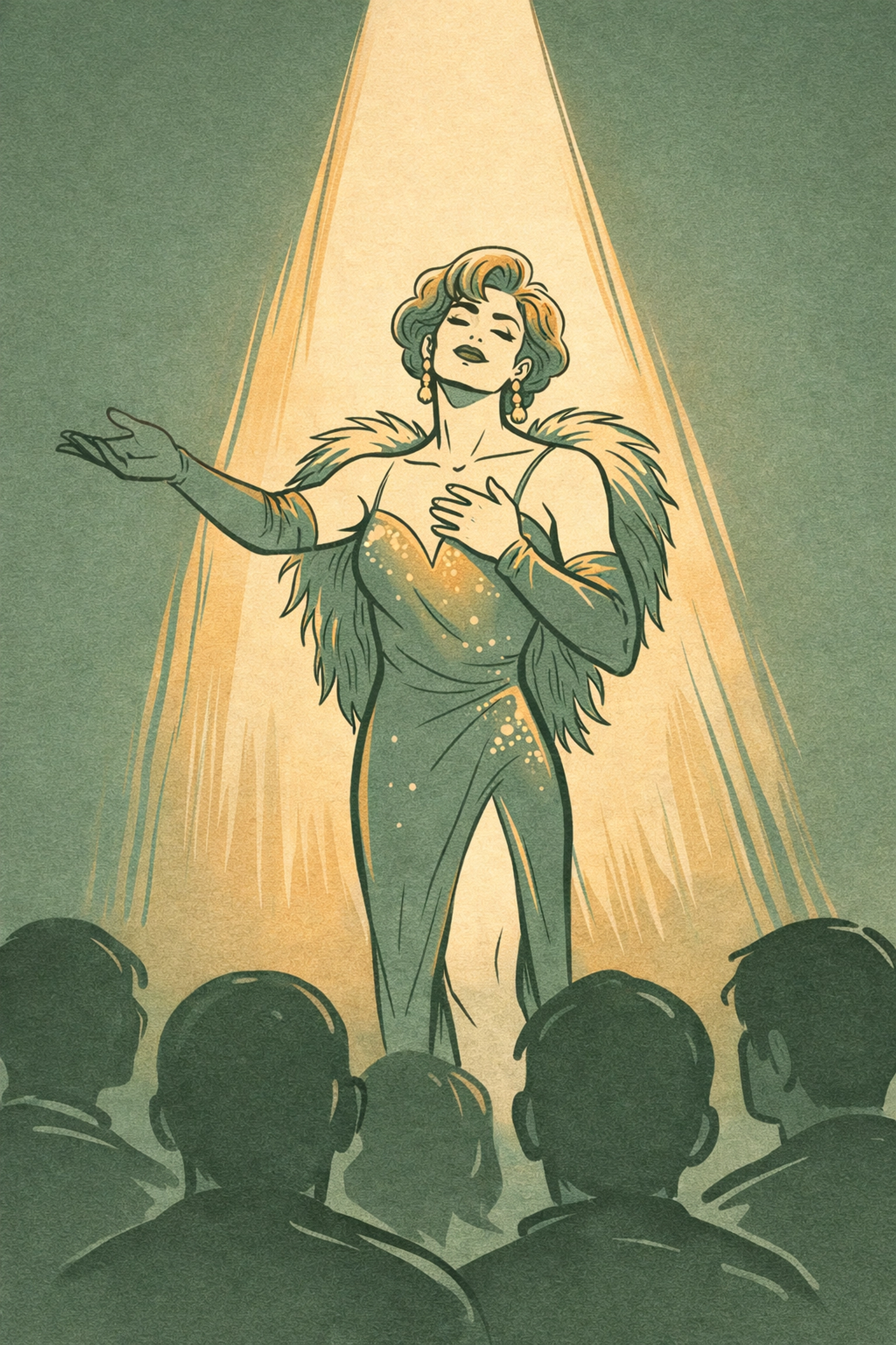 Drag performer on stage under spotlight showing confidence and vulnerability