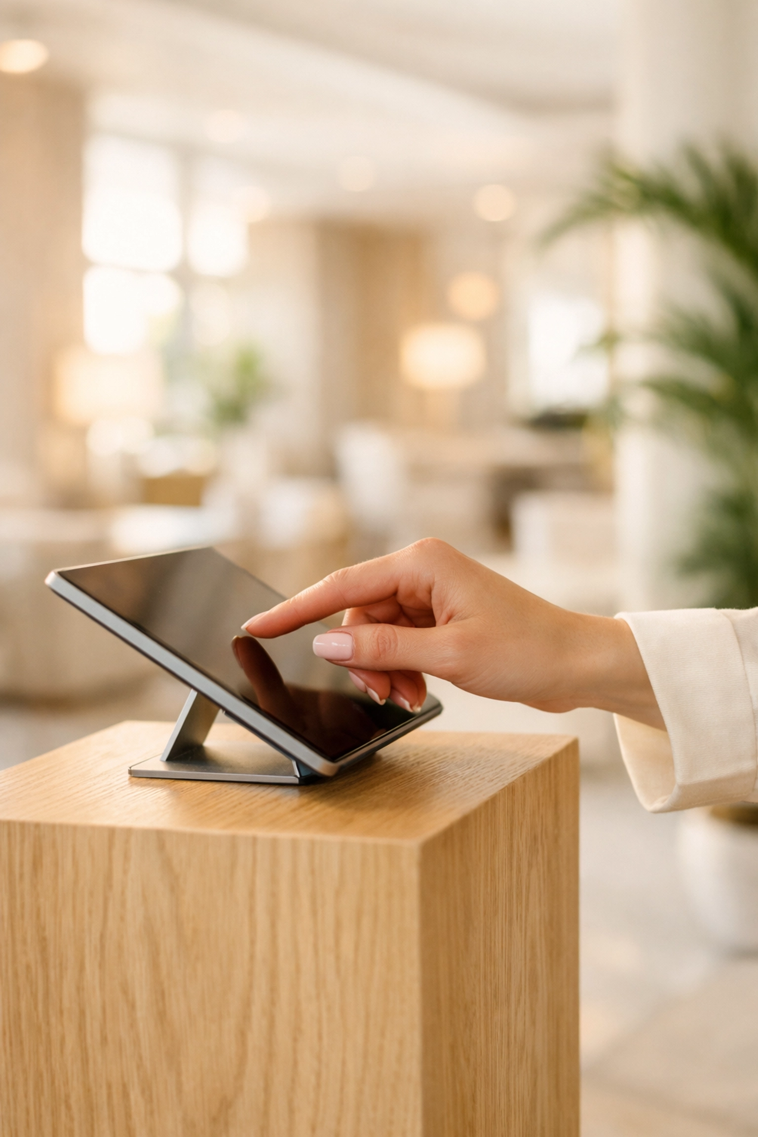 Guest using a modern self-check-in kiosk in a hotel lobby to skip the front desk.