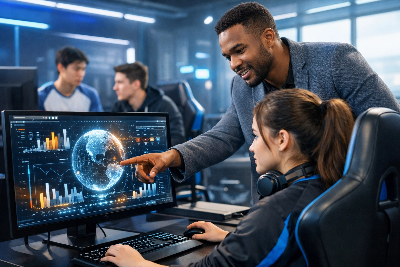 Young professionals learning advanced data visualization in a high-tech corporate training laboratory.