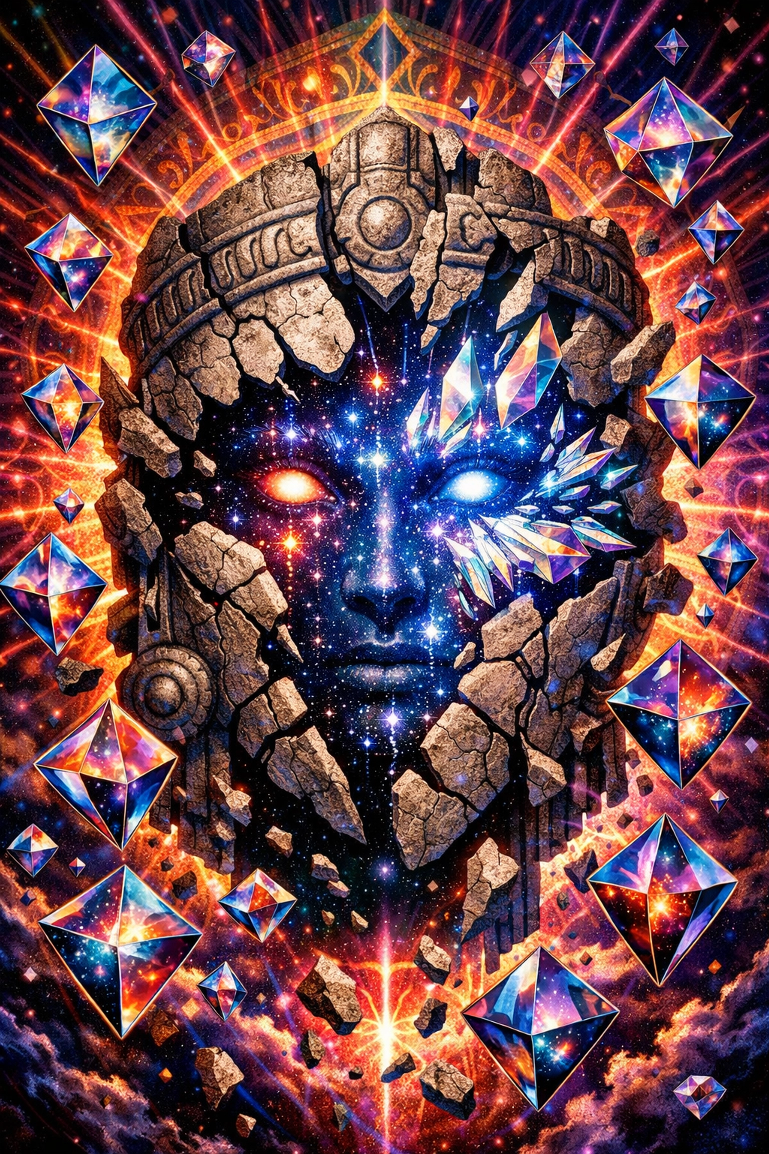 A cracking stone mask revealing a glowing face, symbolizing the end of solo self-help illusions.