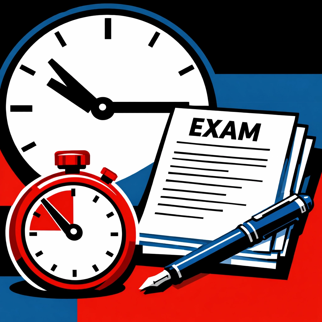 Exam papers and a stopwatch representing time management for the Transport Manager CPC multiple choice paper.