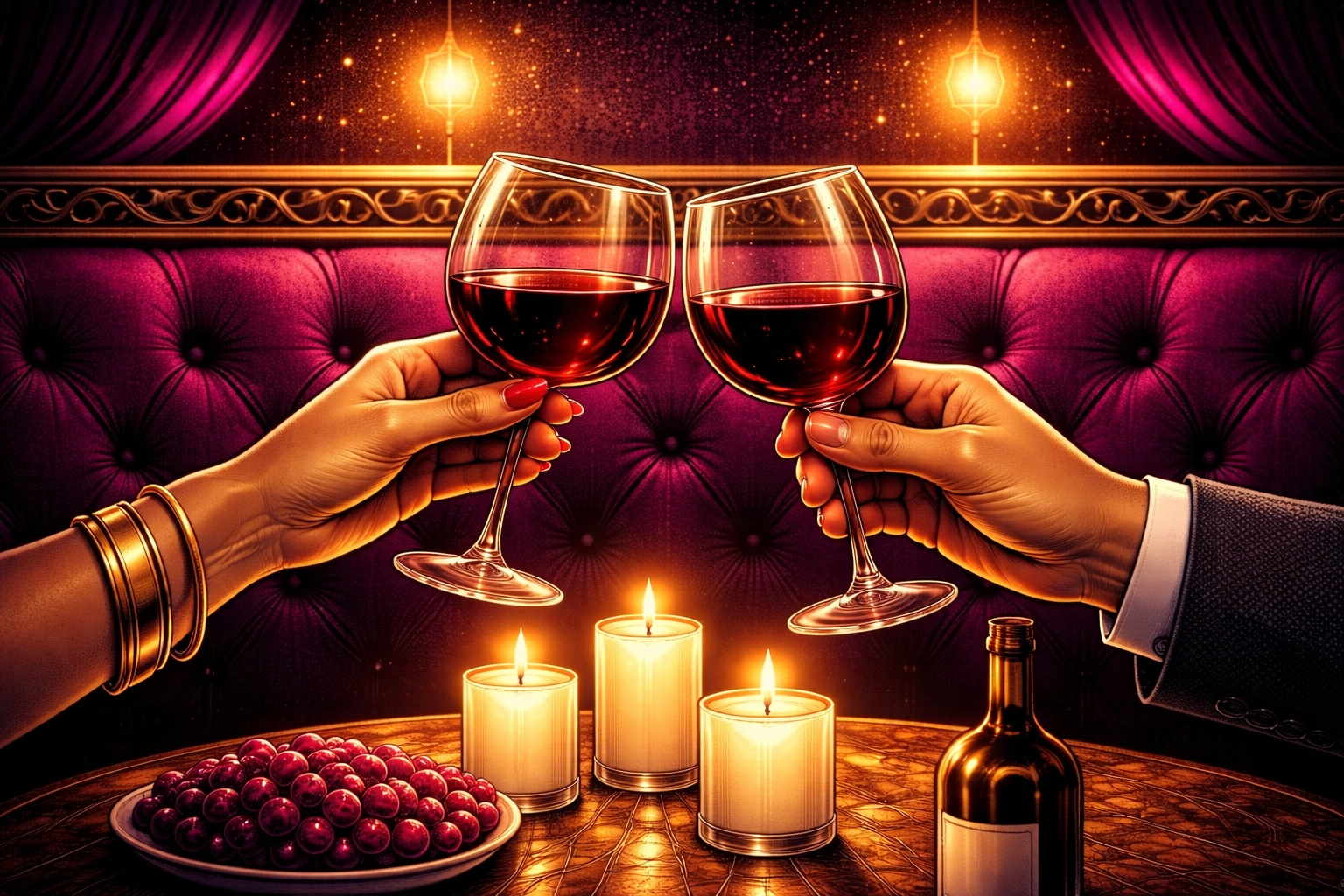 Friends sharing laughter and toasting wine in a cozy booth, capturing the speakeasy vibe at Rebel Wine Bar during a date night.