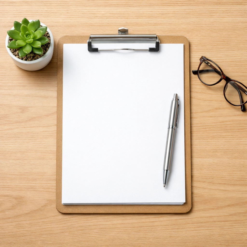Professional workspace with a rental application clipboard on a desk for tenant screening in Saskatoon.