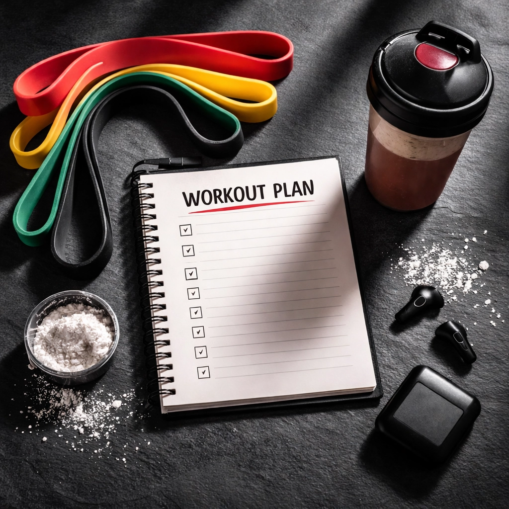 Overhead view of workout plan, resistance bands, and protein shake, perfect for planning pull up alternatives at home.