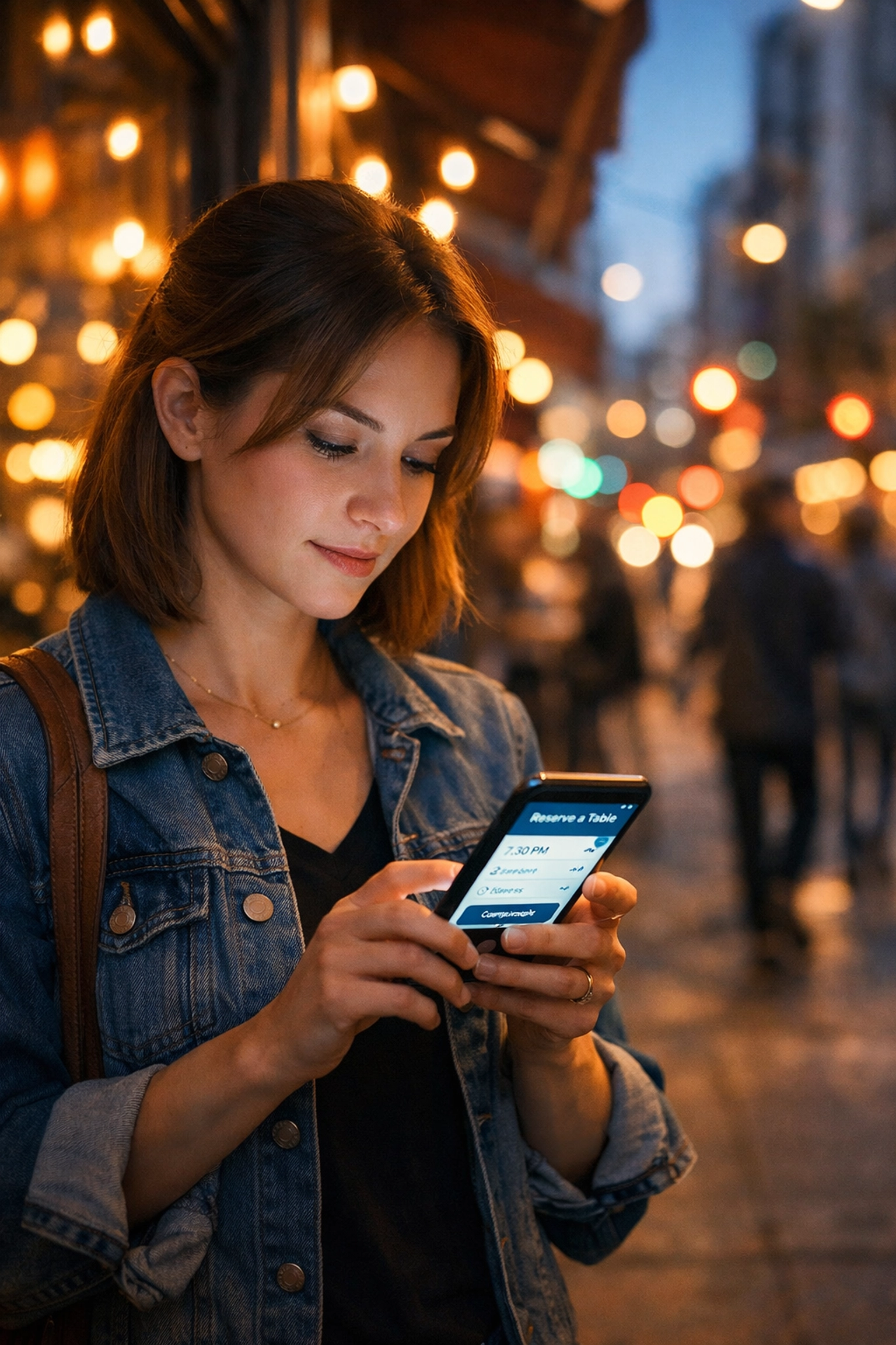 Woman booking restaurant reservation on smartphone