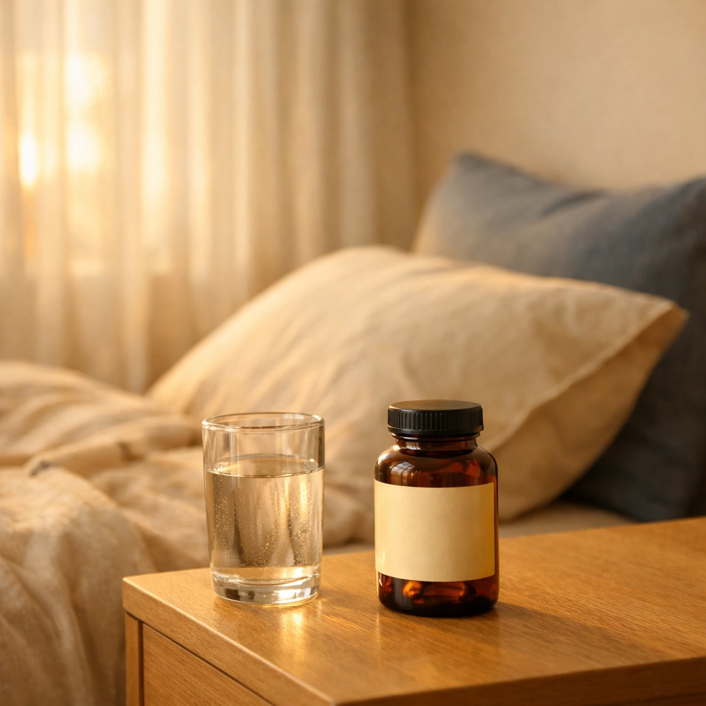 Magnesium supplement bottle on bedside table for evening sleep support