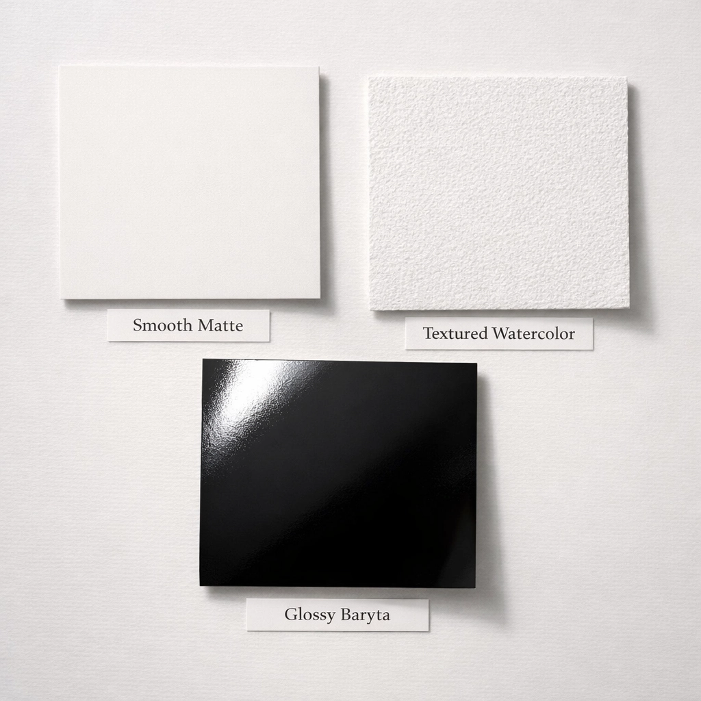 Fine art paper samples showing matte, textured and glossy finishes for giclée printing