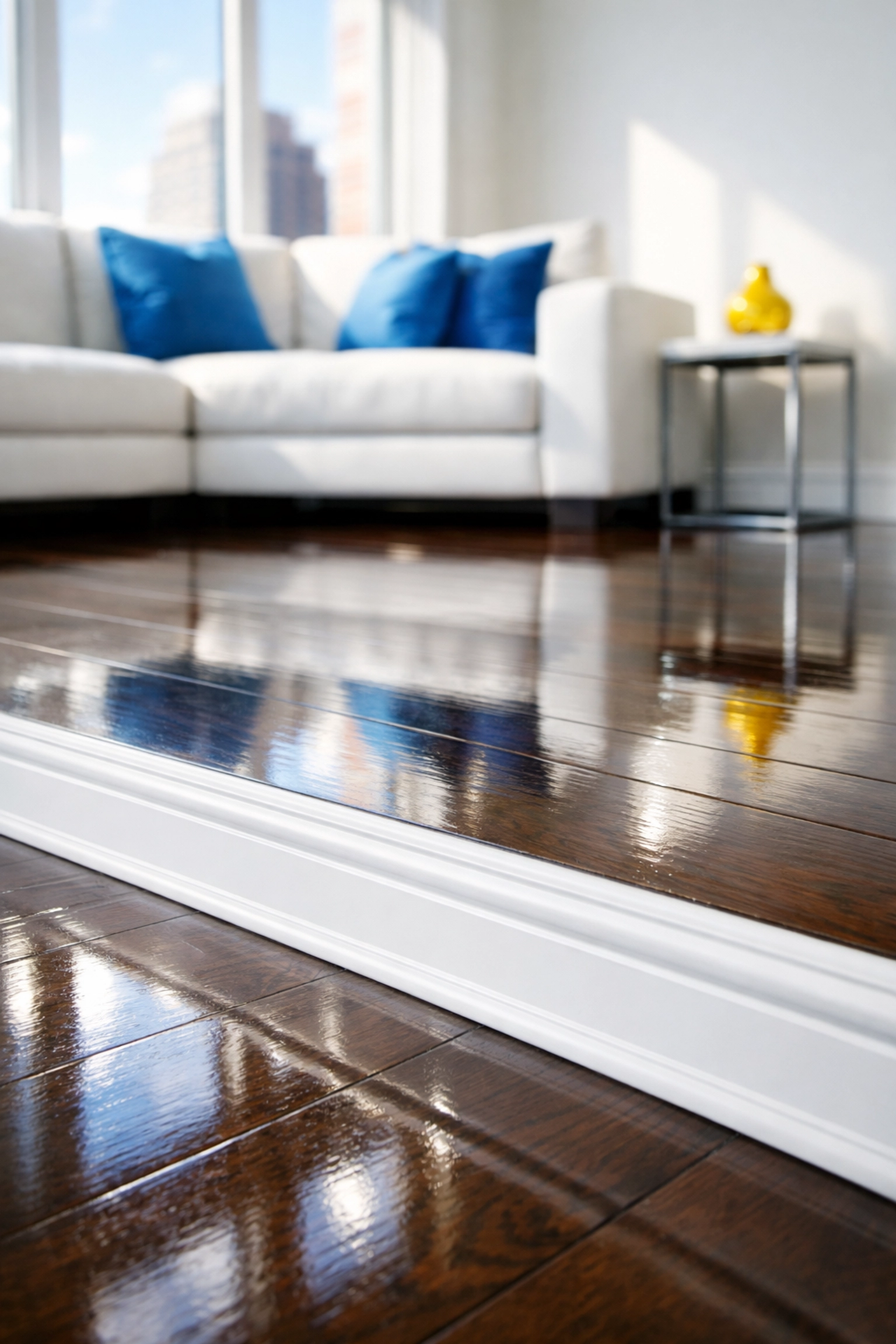 Polished hardwood floors and dust-free baseboards in a sun-drenched Boston condo ready for the final walkthrough.