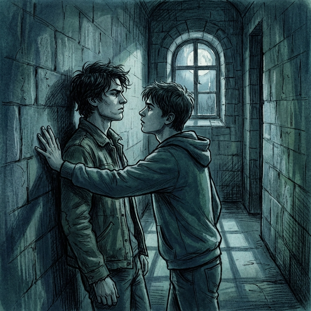 Step-brothers in close forbidden proximity in hallway depicting intense MM romance tension