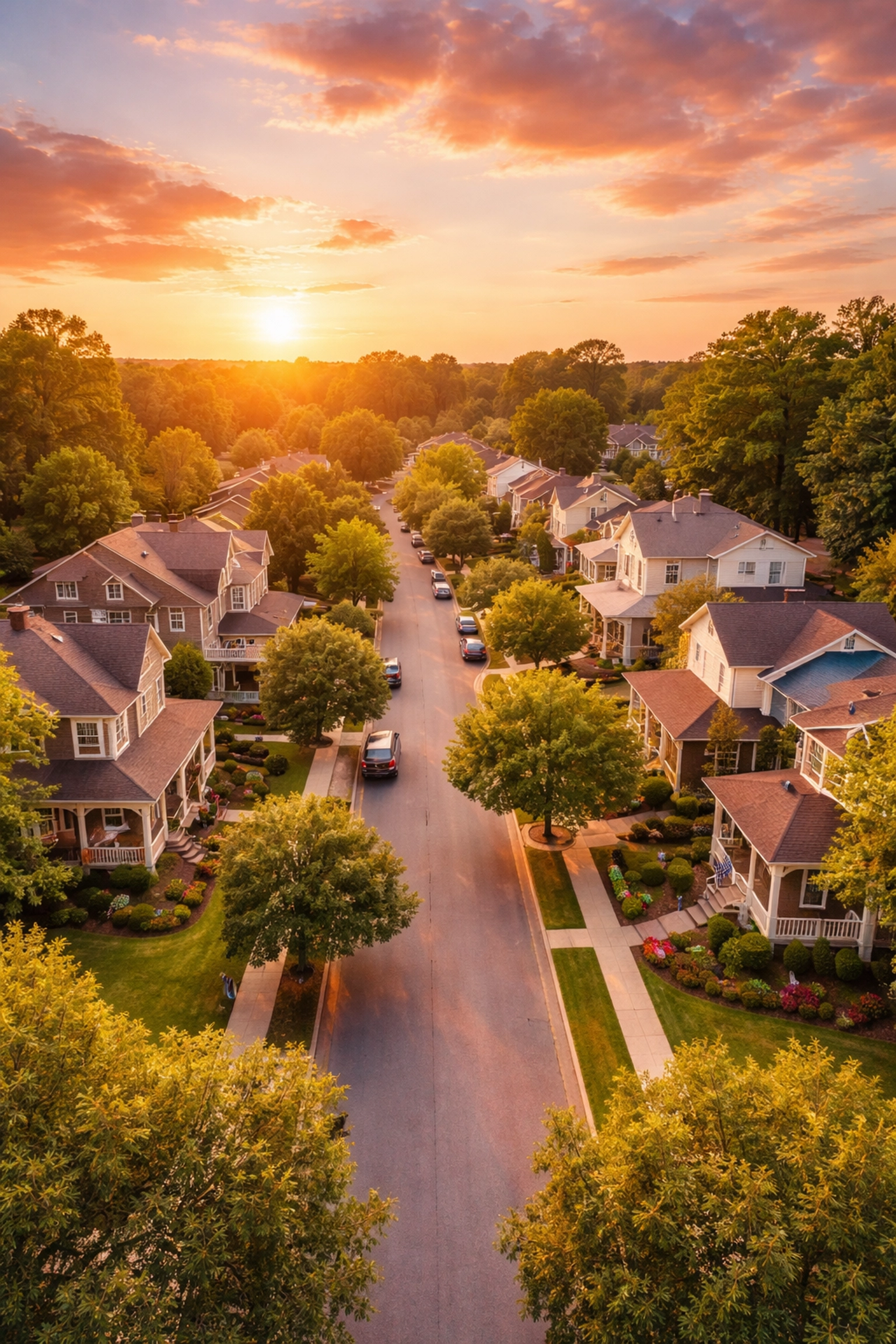 Aerial view of a welcoming Georgia suburb at sunset, highlighting intentional living in Mulberry neighborhoods