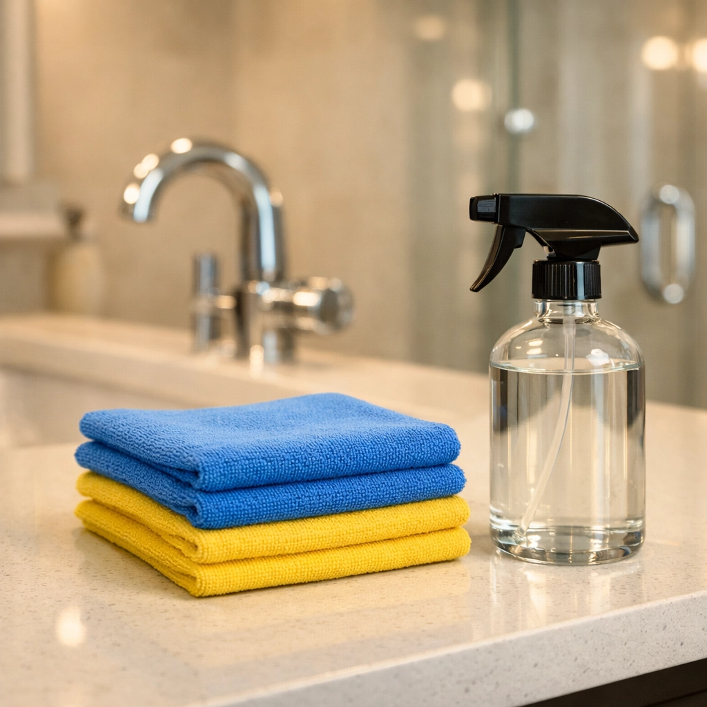 Professional deep cleaning supplies on a pristine bathroom vanity in a high-end Carlisle Massachusetts home.