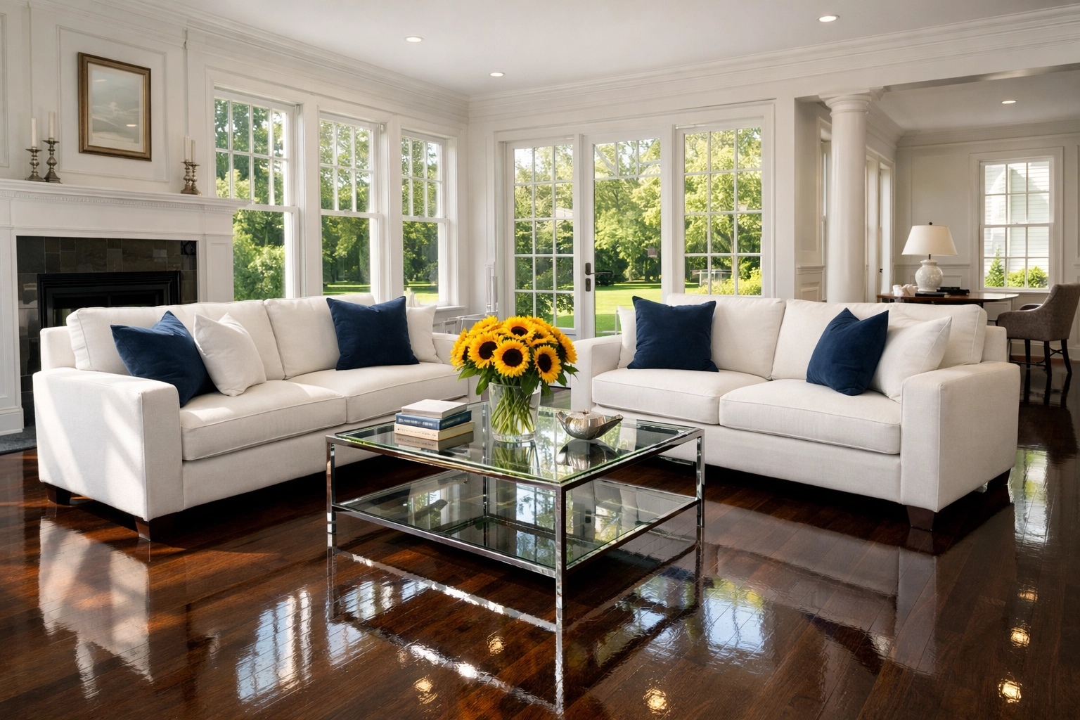 Clean living room in Wilbraham with polished hardwood floors and dust-free surfaces.