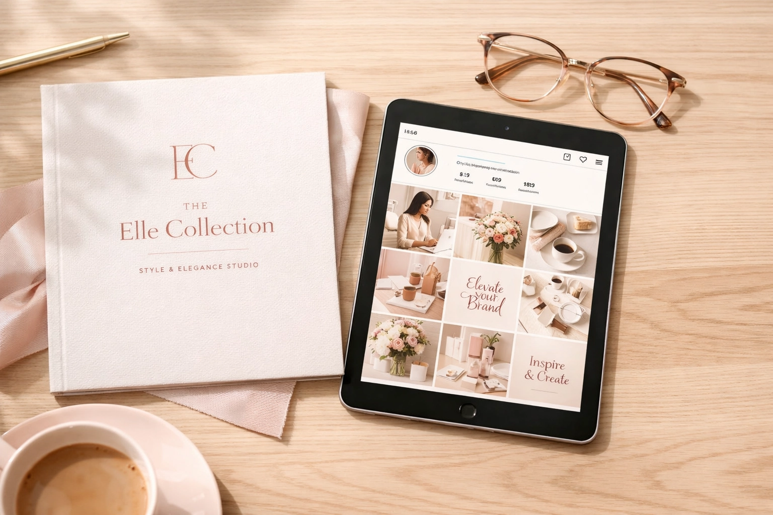 Professional brand marketing materials and social media feed showcasing a cohesive digital strategy and design.