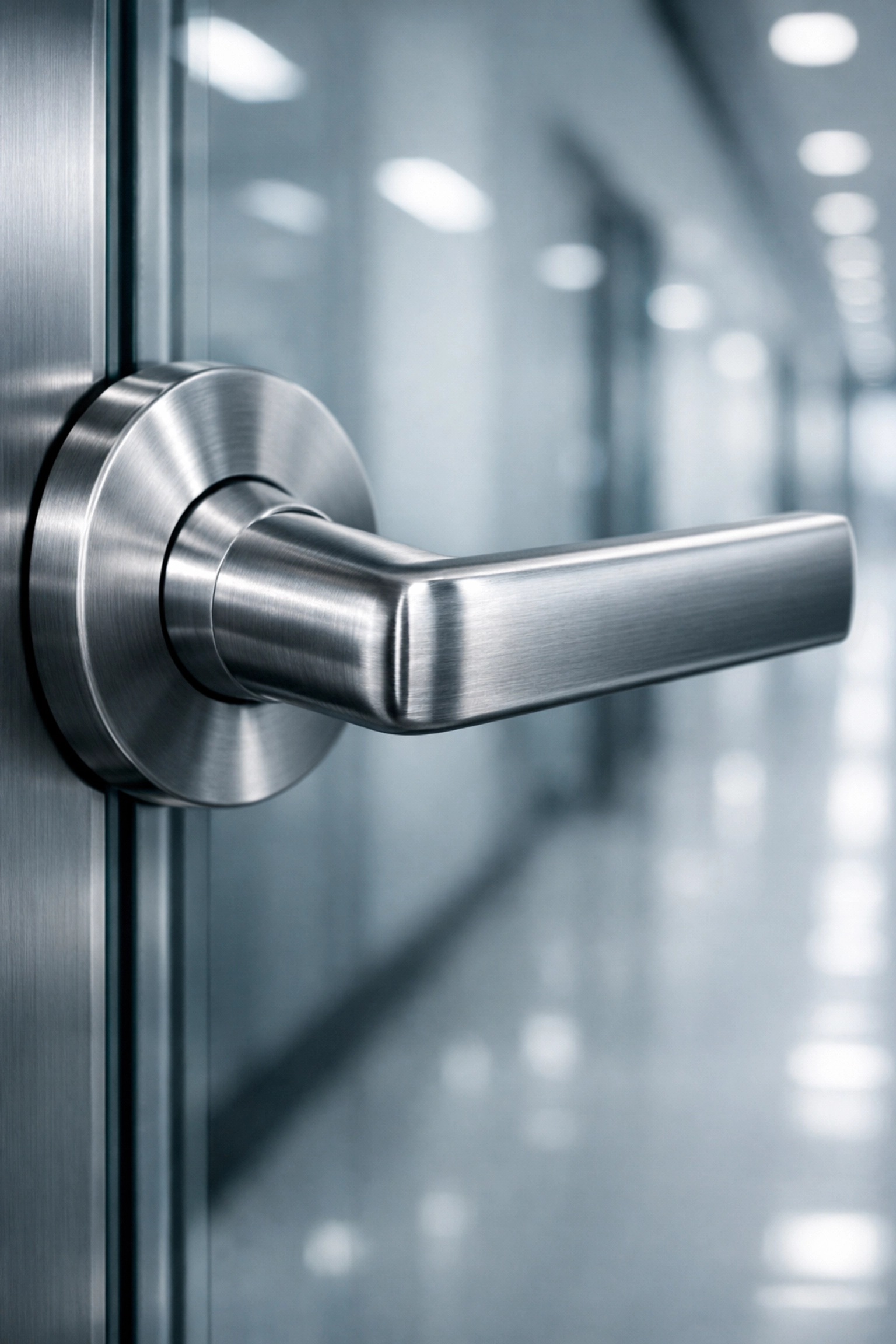 Sanitised stainless steel door handle showing professional office touch point cleaning results.