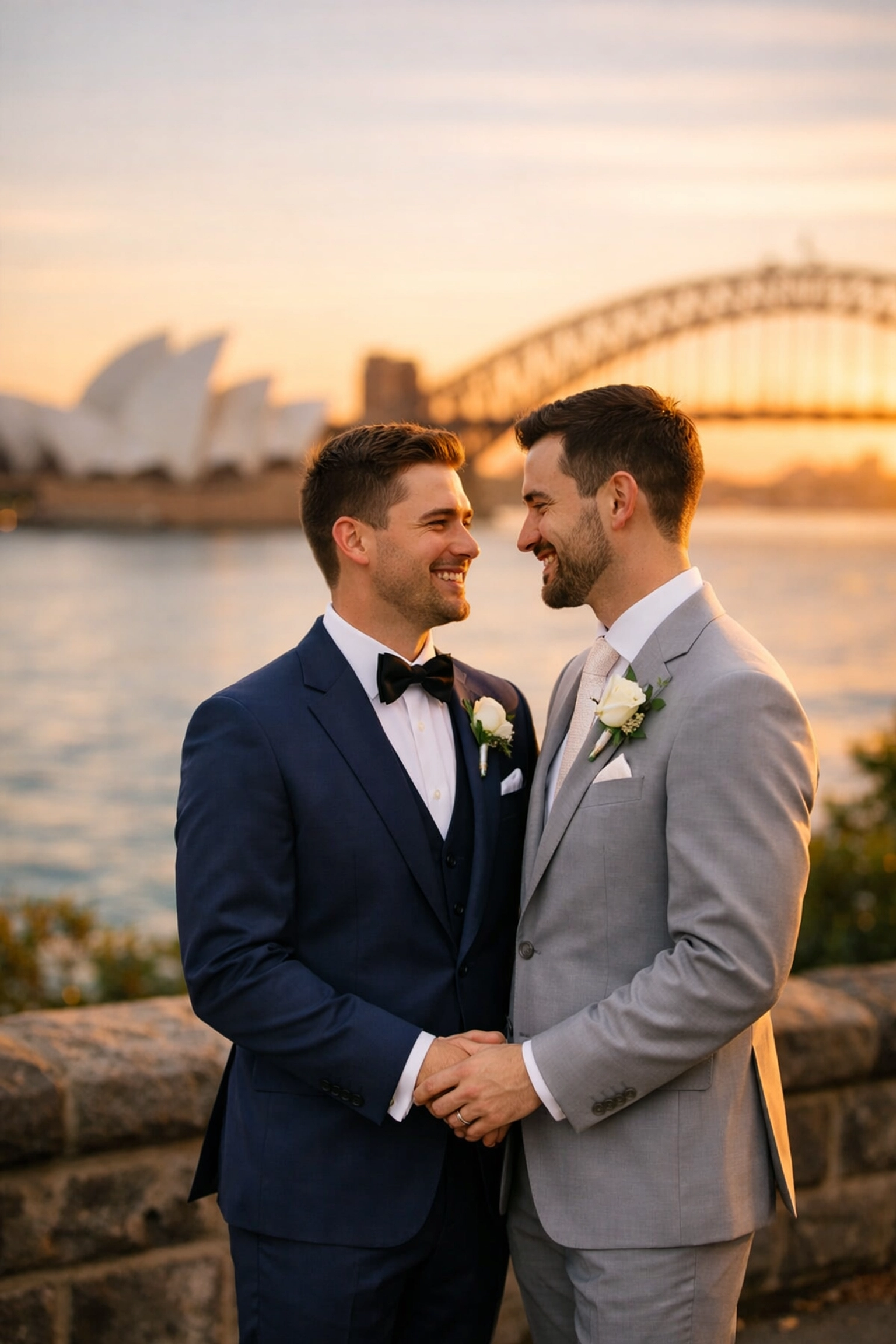 Two grooms at Sydney Opera House waterfront wedding venue