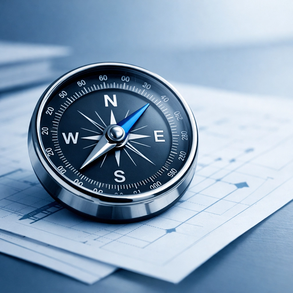 Strategic compass and blueprints on desk showing marketing direction and planning