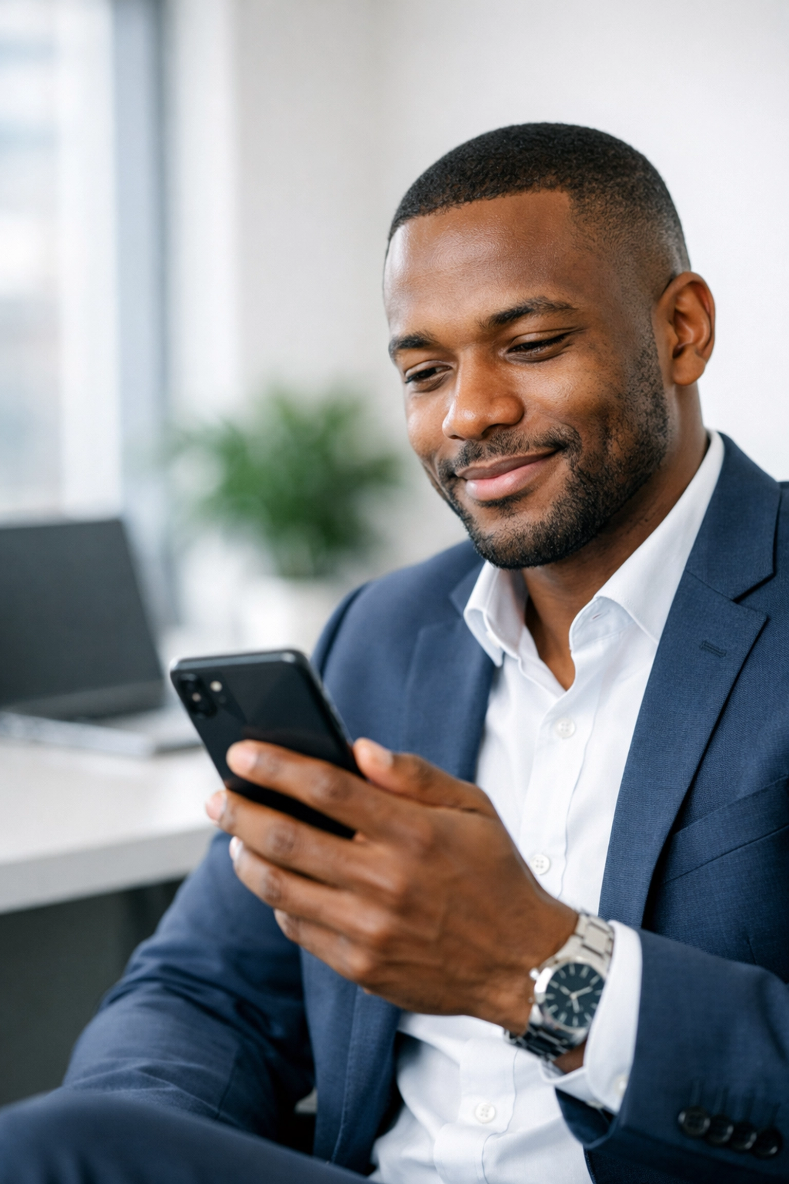 Business professional in a Sandton office finding information on a smartphone, representing digital search authority