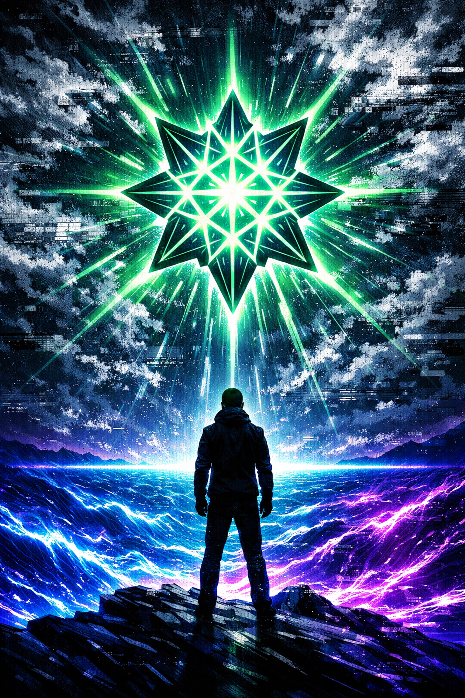 Successful business AI transformation represented by a silhouette facing a glowing digital horizon.