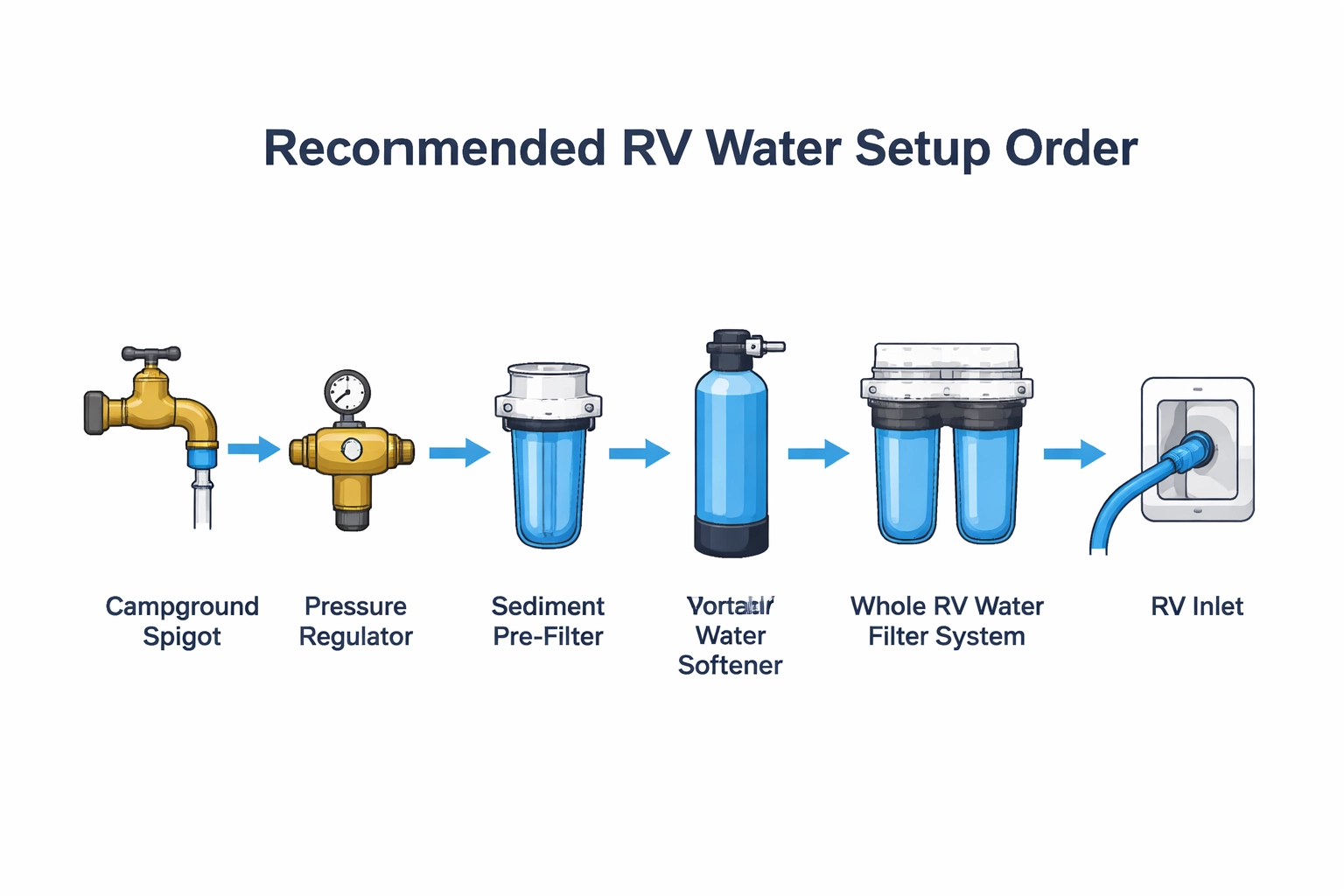 Clean diagram showing recommended RV water setup order: spigot → pressure regulator → sediment pre-filter → water softener → whole RV filter system → RV inlet