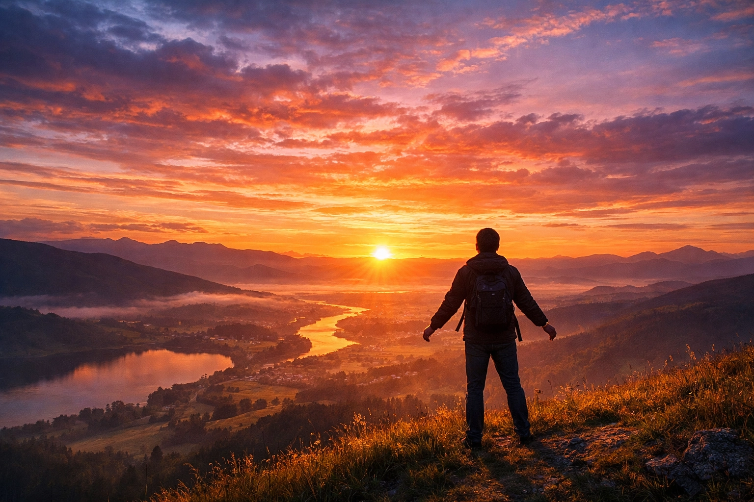 A young adult overlooking a sunrise valley, representing an empowered and secure financial future.