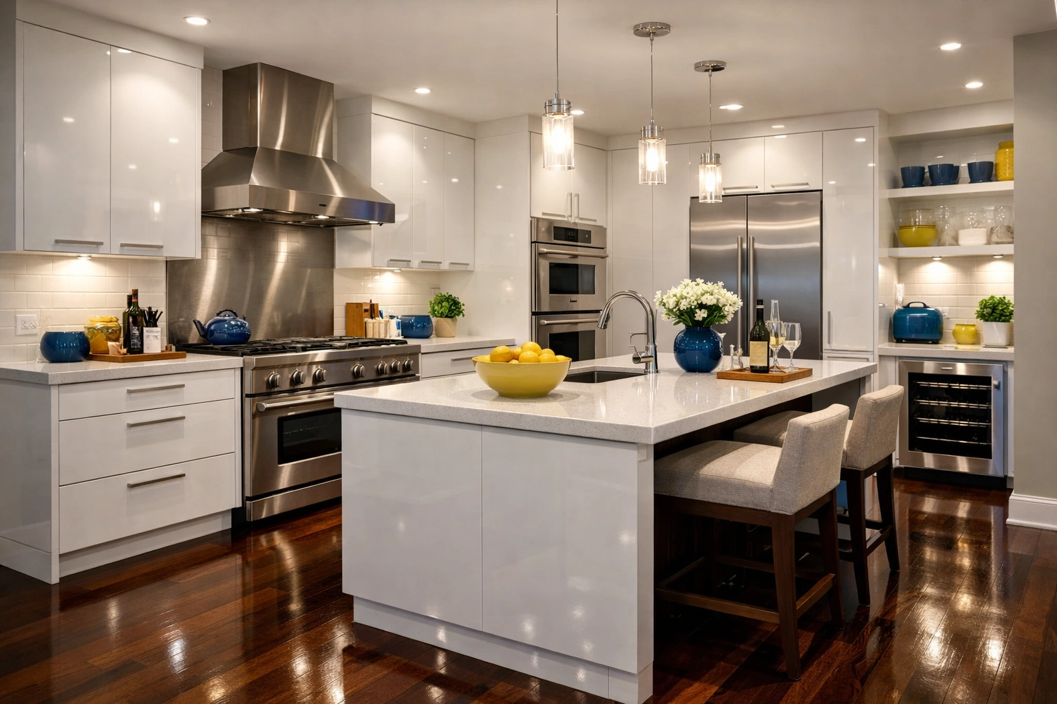 Sparkling modern kitchen featuring pristine white cabinets after an apartment cleaning in Westborough.