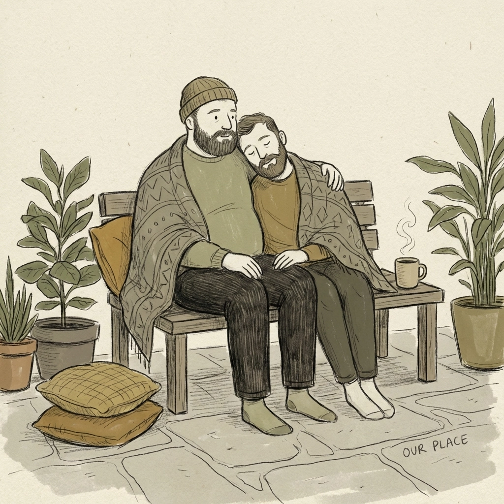 Two men relaxing under a shared blanket in an outdoor setting, evoking comfort, found family, and alternative lifestyle representation.
