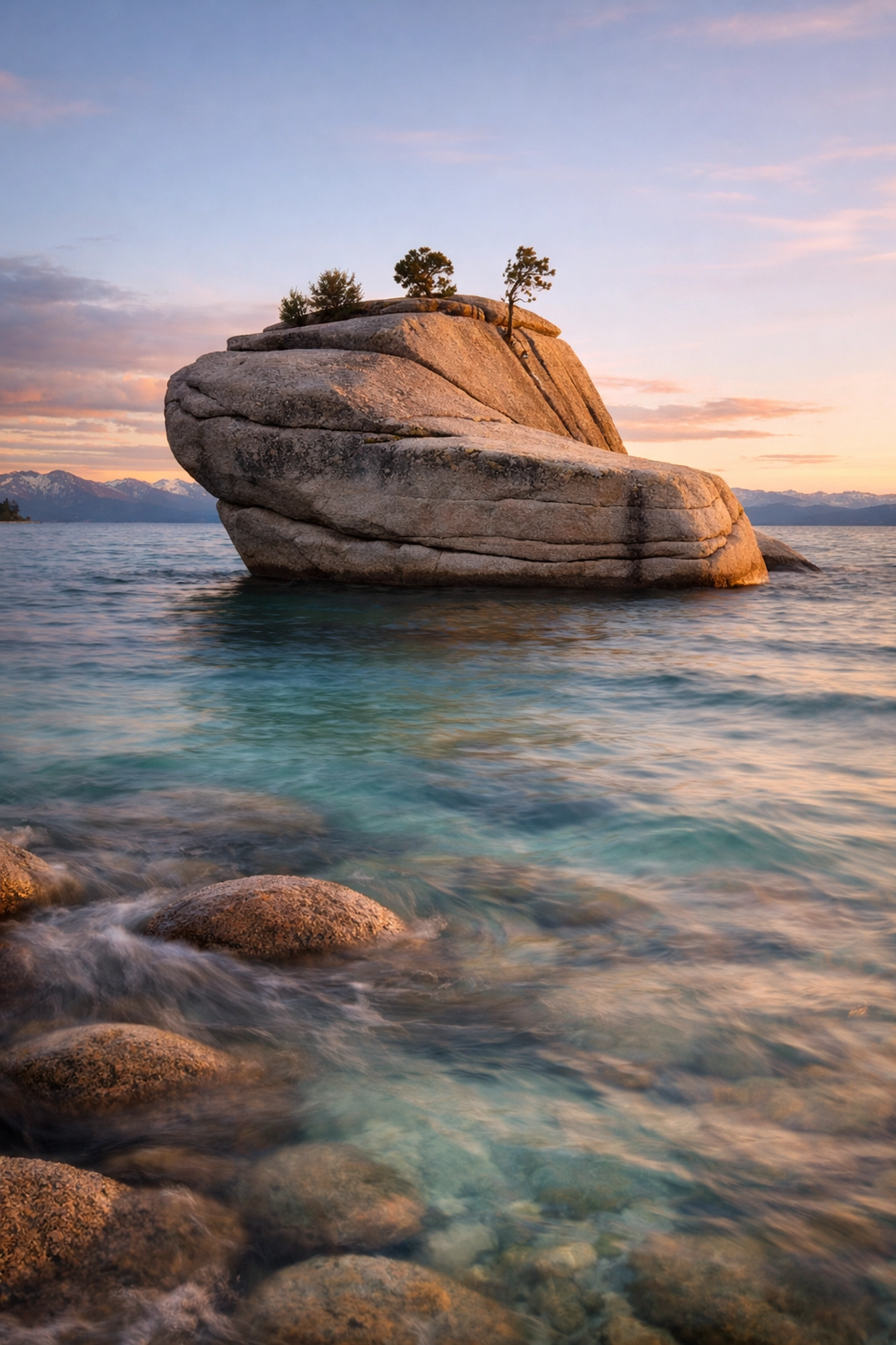 Bonsai Rock at sunset with clear turquoise water, a premier Lake Tahoe photography location.