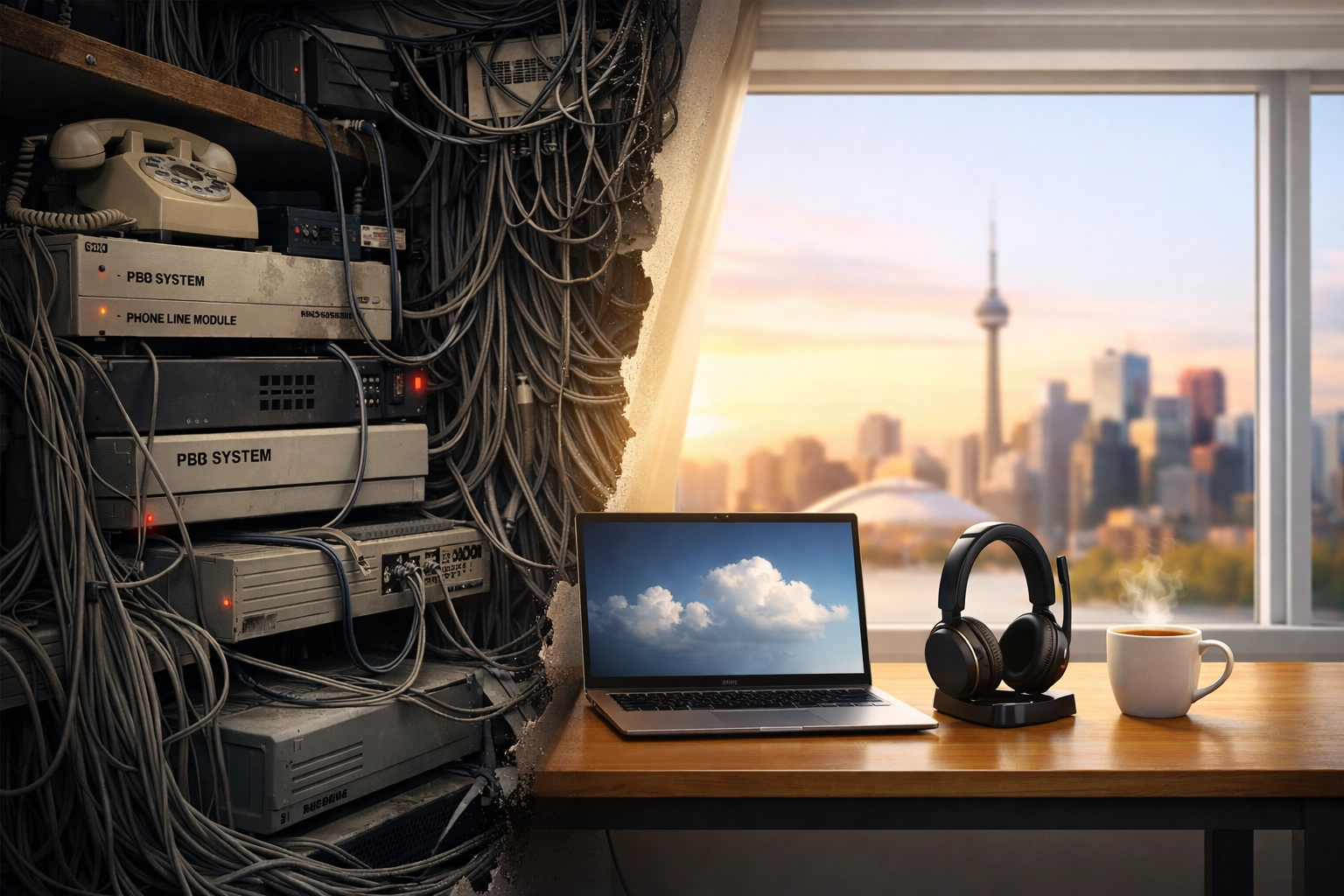 Modern home office setup showing the transition from legacy hardware to a cloud PBX Canada solution.
