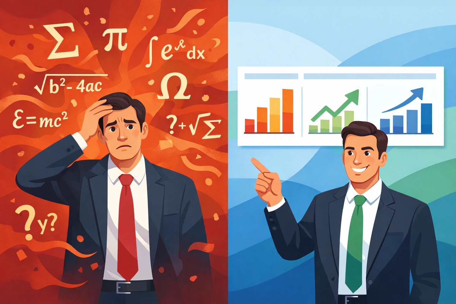 Manager comparing complex math formulas to simple business analytics dashboard