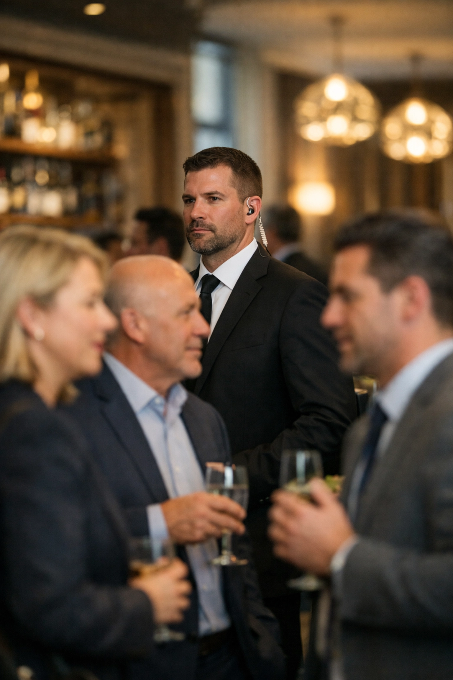 VIP security professional providing discreet protection at Super Bowl corporate event