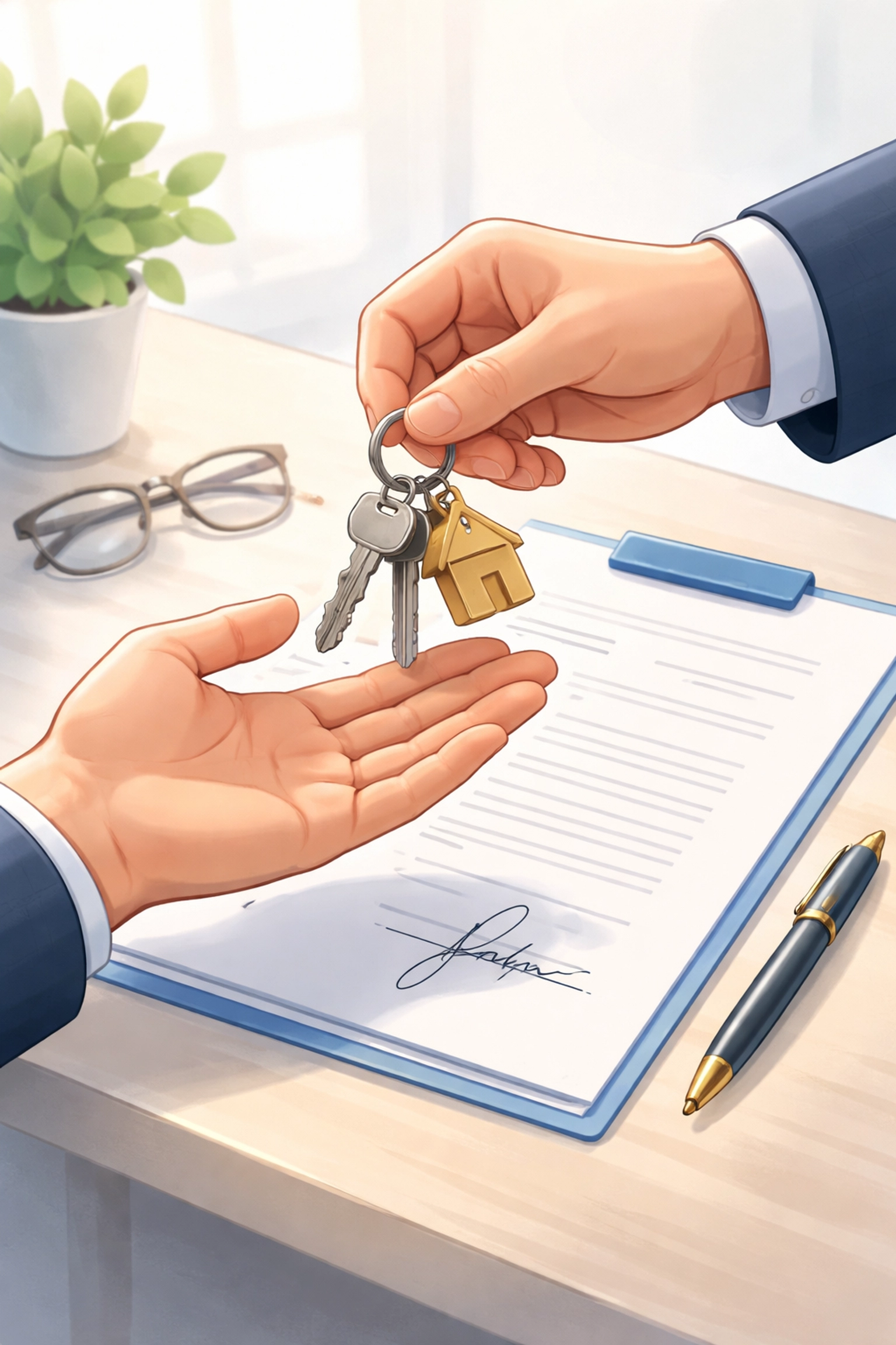 Hands exchanging house keys over signed document, representing completion of real estate transaction and settlement