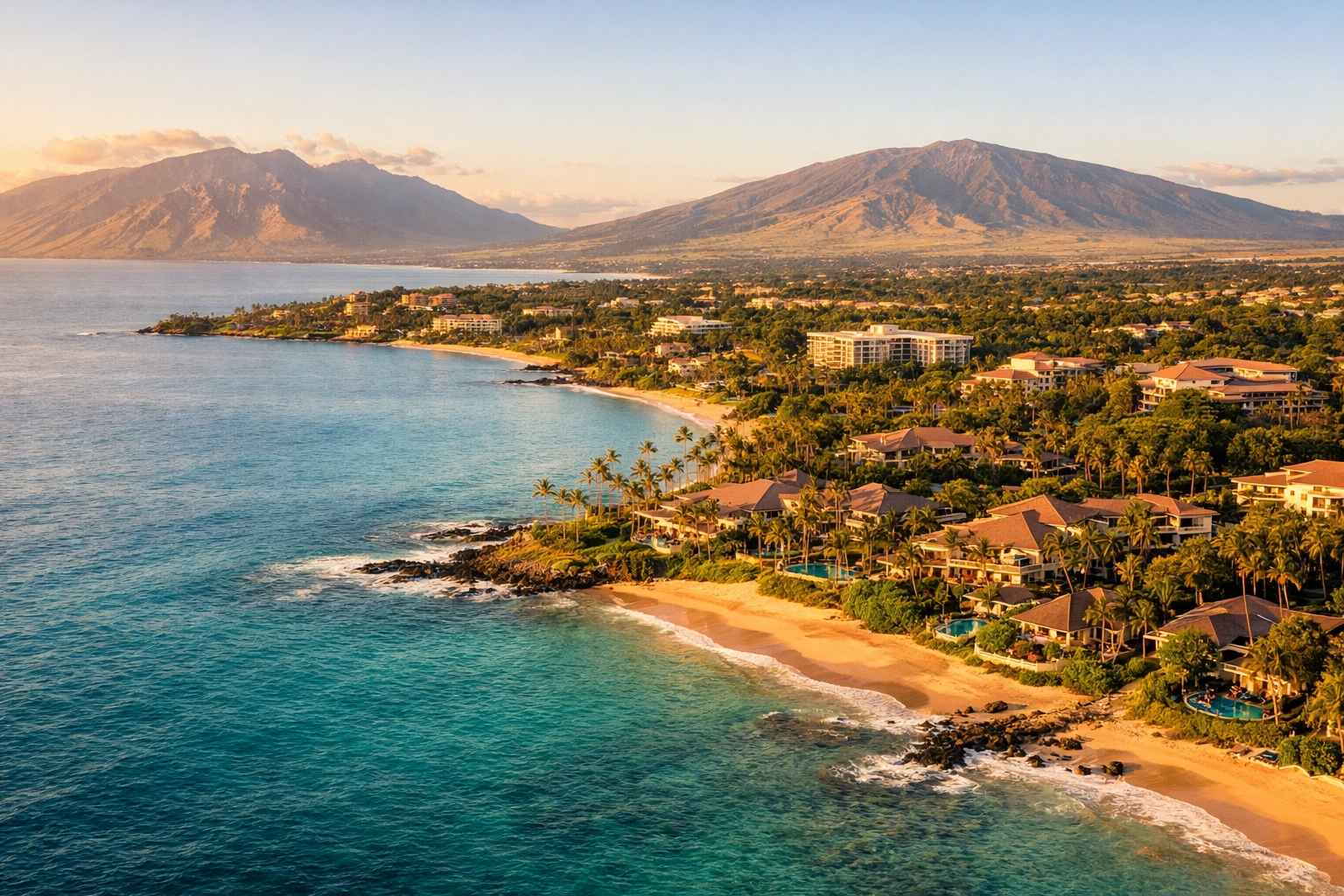 Photorealistic aerial coastline view of Maui, Hawaii at golden hour.