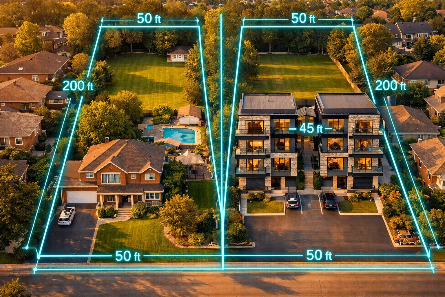 Aerial comparison of a single-family home versus a severed lot with two multi-unit 4-plexes in Ontario.