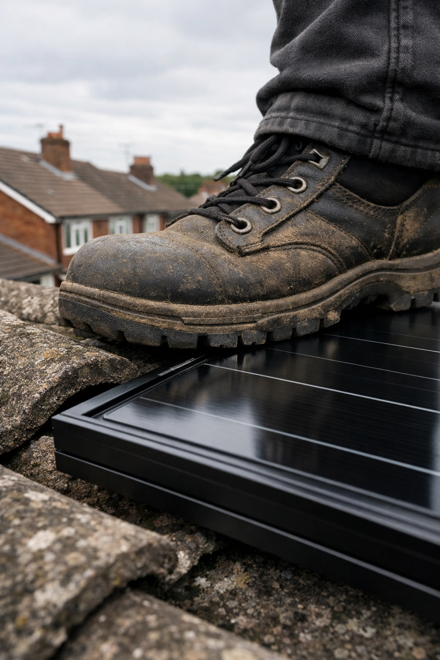 Work boots on a UK roof near solar panels, illustrating the risk of damage and microcracks from pressure.