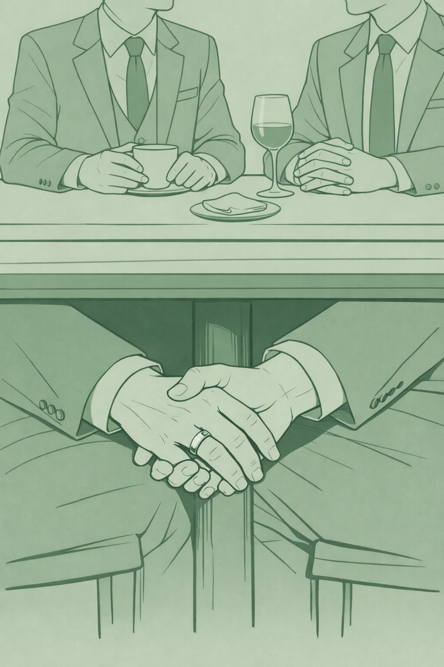 Secret gay romance depicted by two men holding hands discreetly under table