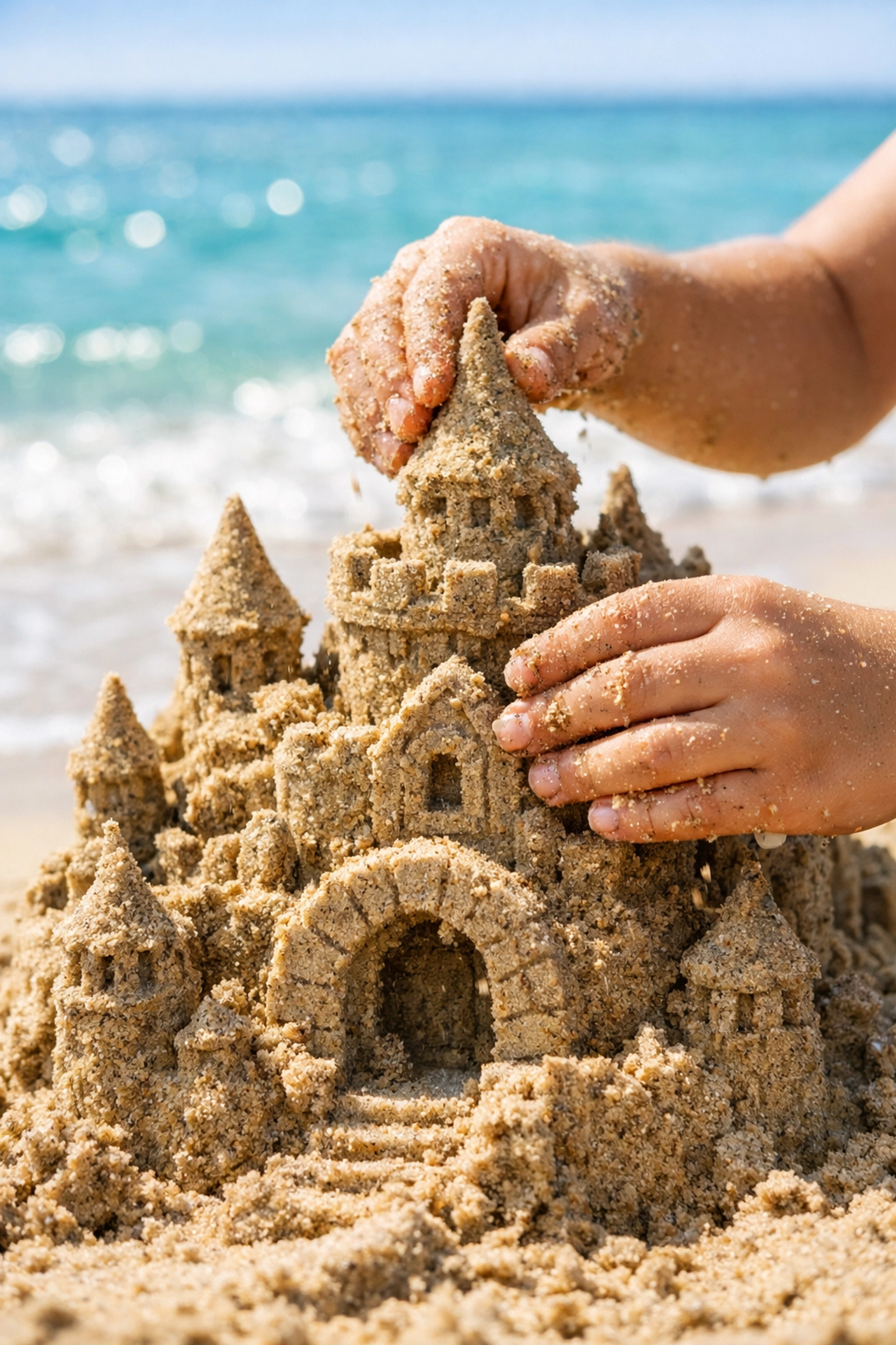 Close-up of a child building a sandcastle during a family beach activity competition.