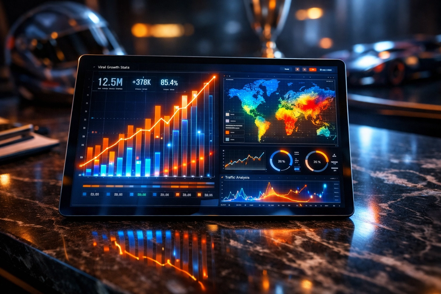 Digital marketing dashboard displaying high engagement metrics for an NIL branding campaign.