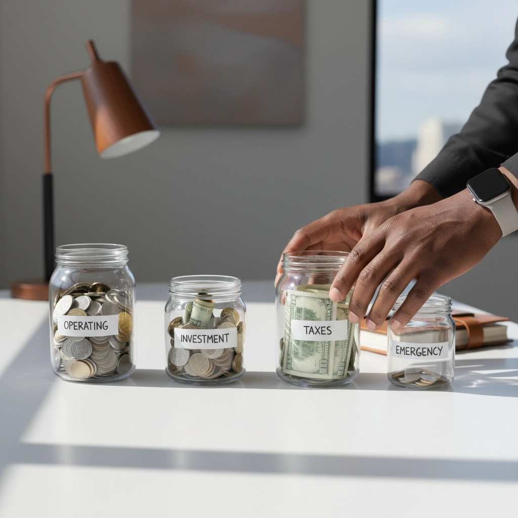 Close-up of a person's hands reaching for a glass jar labeled "Taxes" filled with US dollar bills, representing proactive tax savings and cash flow management.