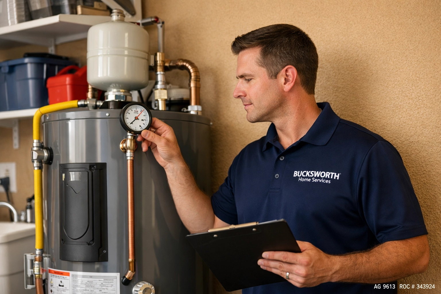Bucksworth technician inspecting a water heater for emergency plumbing services in a Scottsdale home.