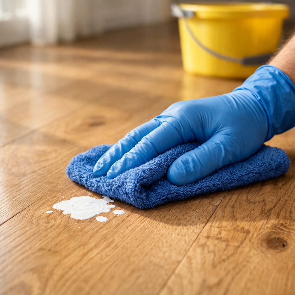 Cleaning a paint splatter on a light oak hardwood floor with a blue microfiber cloth.